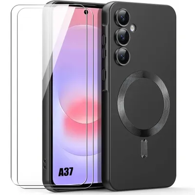 Image de Coque + 2 Verres Trempés pour Samsung Galaxy A37 5G, Silicone Antichoc avec Cercle Magnétique Noir