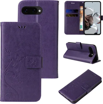Produktbild von Handyhülle für Google Pixel 9a Floral Blumen Schmetterling Flip Cover Hülle Case Klapphülle Handytasche Farbe: Violett
