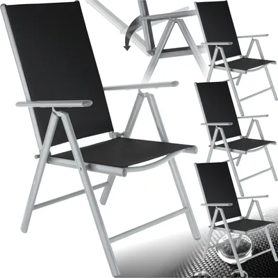 A collage of images showing a black folding garden chair with a silver frame from different angles and perspectives.