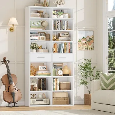 Produktbild von Bücherregal, 185,5 cm Hoch Standregal mit 2 Schubladen, Regal mit 8 Ebenen, Bücherschrank Vitrinenschrank Offenes Aufbewahrungsregal für Arbeitszimmer, Büro, Wohnzimmer, Schlafzimmer