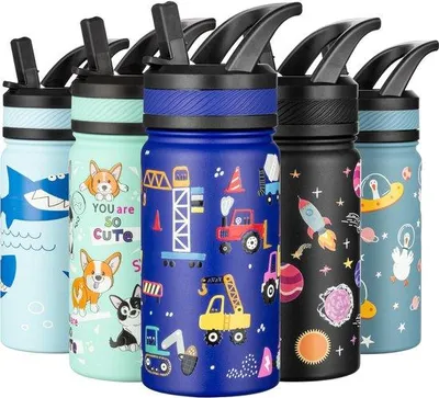 Obrázok produktu pre Malý, modrý, bez BPA, nepretekajúci, nerezový pohár s rúčkou, 420 ml, do školy, škôlky, pre chlapcov a dievčatá