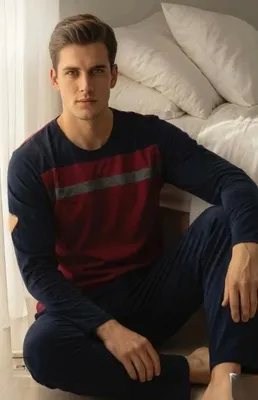 Produktbild von Herren Pyjama Schlafanzug Marineblau L Baumwolle Lang M-75