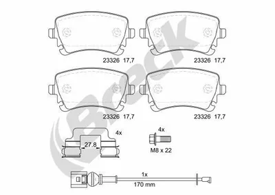 Produktbild von BRECK Bremsbeläge Satz Hinten Bremsklötze für VW Transporter V Bus (7HB, 7HJ, 7EB, 7EJ, 7EF, 7EG, 7HF, 7EC) 23326 00 702 10