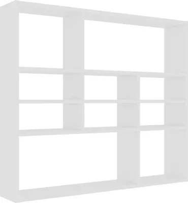 A white, multi-compartment wall shelf unit against a white background.