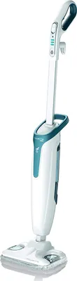 A white and teal steam mop is shown against a white background.