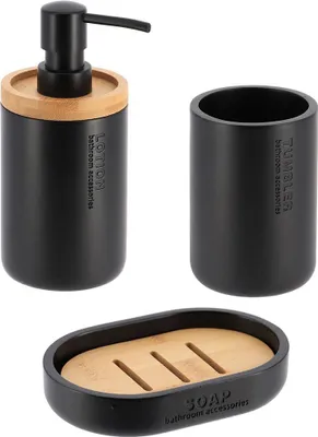 Produktbild von Becherset seifenspender und seifenschale aus polyresin - schwarz bambus - Tendance