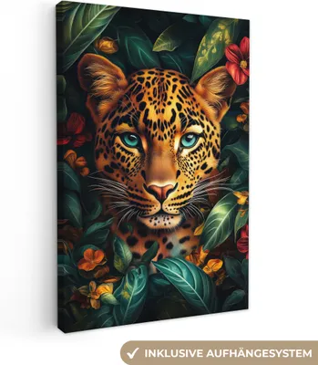 Produktbild von Leinwandbilder 60x90 cm - Tiere, Blumen - Leopard, Bilder Wohnzimmer Modern, Wanddeko