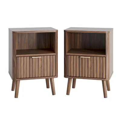 Produktbild von FCH Nachttisch, 2er Set, mit Schublade und offenem Fach, Nachtkästchen Gitterdesign, für Schlafzimmer, 40x30x56cm, Walnussoptik