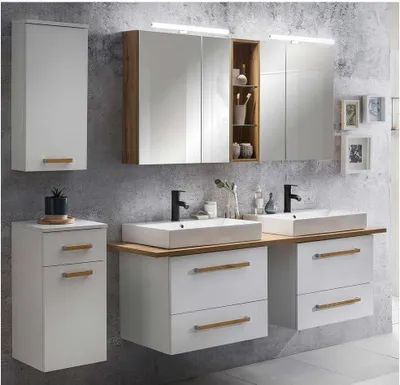 Produktbild von Badmöbel Set mit 165cm Doppel-Waschtisch DABO-04 in weiß mit Landhaus Eiche B/H/T ca. 210/200/50 cm