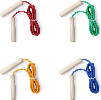 Produktbild von Springseil Set aus 4 bunten Holzseilen - 240 cm lang - Mit Holzgriffen - Ideal für Spiele im Freien und Kindergeburtstagsgeschenke