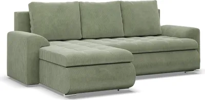 A green sectional sofa with a chaise lounge is shown against a white background.
