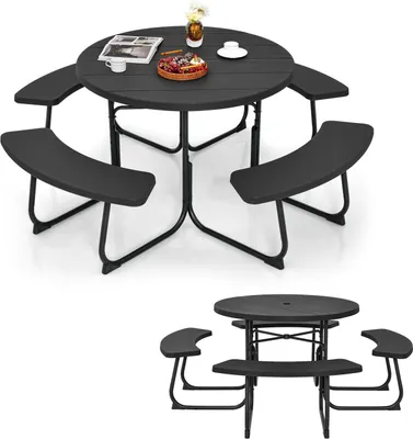 Produktbild von KOMFOTTEU Bierzeltgarnitur für 8 Personen, Rundes Picknicktisch Set mit Schirmloch & 4 Bänken, Gartenmöbel Set aus HDPE & Metall