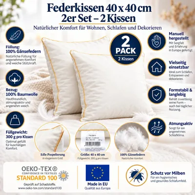 Produktbild von 2er Set Federkissen 40x40 cm 300 g 100% Gänsefedern Baumwolle