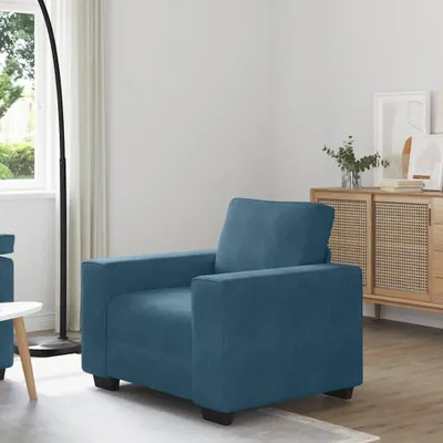 Produktbild von Blauer Samtsessel 100x77x82 cm mit stabilem Sperrholzrahmen und gepolsterter Sitzfläche für Wohnzimmer, Schlafzimmer oder Lounge