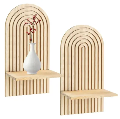 Obrázek produktu pro Dvě dřevěné nástěnné police, bohémský styl, závěsné, rozměry 35 x 17,7 cm, masivní dřevo