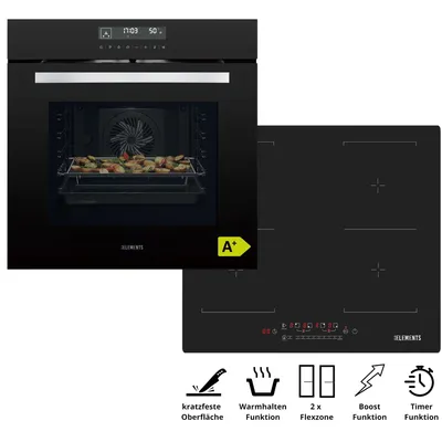 Produktbild von KB ELEMENTS Sparset, Einbauherd Set, Herdset, Kratzfestes Induktionskochfeld 60cm, Einbaubackofen 60cm, 15 x Funktionen, Air Fry, ELK75DV2/111AS