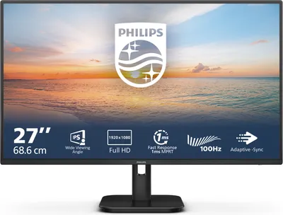 A Philips monitor displaying a sunset scene with product specifications listed below.