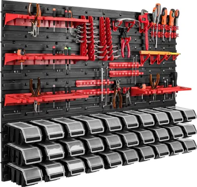 Produktbild von 30 stohovacích boxov nástenná polica plastové veko 115 x 78 cm držiak na náradie garážový skladovací systém otvorené úložné boxy žľab