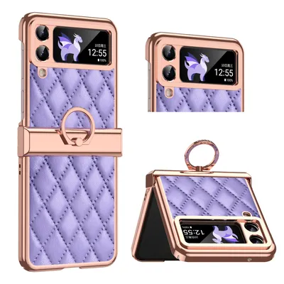 Obrázek produktu pro Pouzdro pro Samsung Galaxy Z Flip 4 5G galvanizované kožené pouzdro s kroužkovým držákem a ochranou pantu Fialová