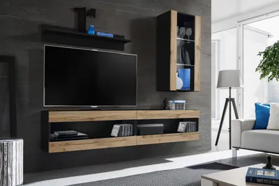 Produktbild von Komodee, Set, Möbel, Tivoli SET5, Schwarz/Wotan, Breite 200cm x Höhe 195cm x Tiefe 35cm, LED Blau, für Wohnzimmer, Schlafzimmer