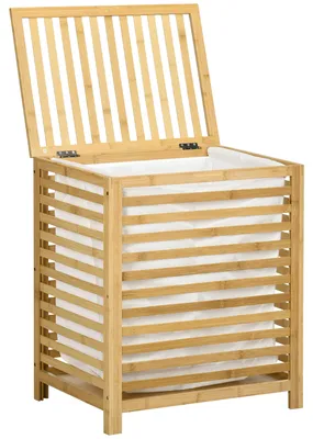 Zdjęcie produktu dla Wyjmowany worek na pranie, kosz na pranie z bambusa z pokrywą, pojemnik na pranie z naturalnego drewna | 3 kg | 50 x 36 x 60 cm
