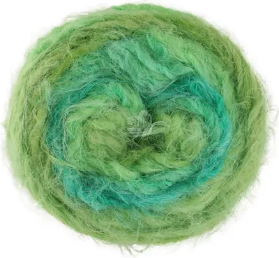 A ball of yarn with a gradient of green and teal colors.