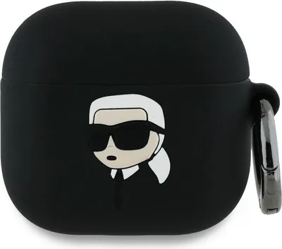 A black silicone case for AirPods with a 3D cartoon depiction of Karl Lagerfeld's face on the front.