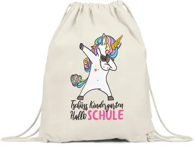 Produktbild von Tschüss Kindergarten Hallo Schule Turnbeutel Gymsack Einschulungsgeschenk Einhorn Unicorn Fans