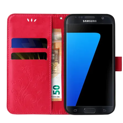 Produktbild von Handyhülle für Samsung Galaxy S7 edge Floral Blumen Schmetterling Flip Cover Hülle Case Klapphülle Handytasche Farbe: Rot