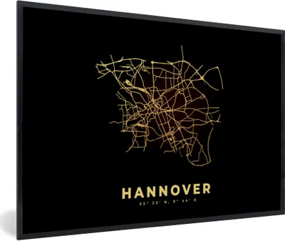 Produktbild von MuchoWow® Gerahmtes Poster Schwarz und Gold - Karte - Hannover - Stadtplan - Straßenplan 30x20 cm - Poster mit Schwarzem Bilderrahmen Wandposter Rahmen Foto Bilder - Kunstdruck - Bild-Poster