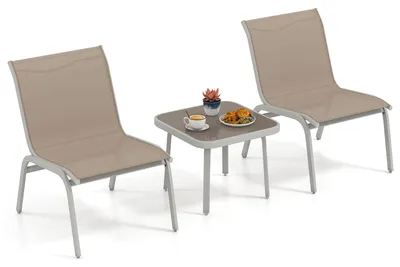 Produktbild von COSTWAY 3 tlg. Balkonmöbel Set, Gartenmöbel mit 2 Stühlen, Glas-Beistelltisch, Terrassenmöbel aus Stoff, Gartengarnitur, Sitzgruppe Outdoor