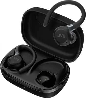 A pair of black JVC wireless earbuds with their charging case, shown open.