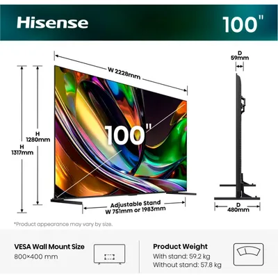 Zdjęcie produktu dla Hisense 100UR8DS, 2,54 m (100"), 3840 x 2160 px, RGB-Mini LED, Smart TV, Wi-Fi, Czarny