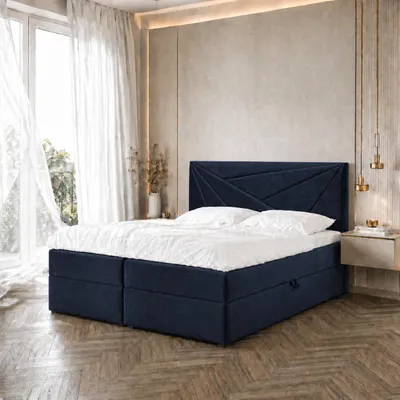 Image de Boxspring Lit double TEO 3 - 160x200cm Lit avec matelas Bonell, avec sommier pour linge de lit et topper.  (bleu foncé)