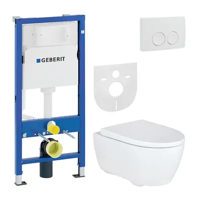 Produktbild von Geberit iCon WC Komplettset Wand-WC spülrandlos mit UP100 Vorwandelement Spülkasten Duroplast Sitz Betätigungsplatte Rimfree Schallschutz EasyMount