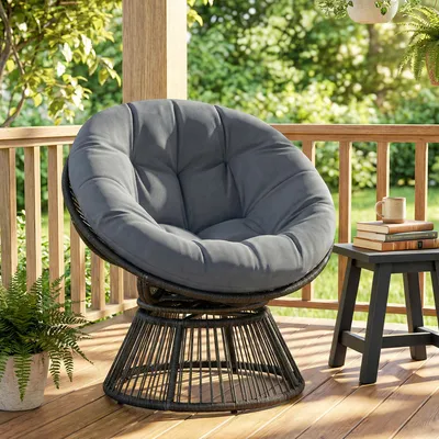 Produktbild von Papasansessel 360° drehbarer Rattansessel mit Kissen Polyrattan Loungesessel Outdoor & Indoor Gartensessel wetterfest UV-beständig Grau