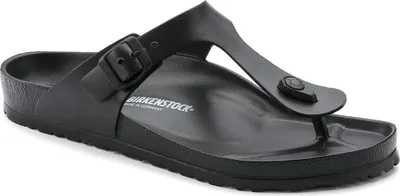 A black Birkenstock Gizeh sandal shown from a side angle on a white background.