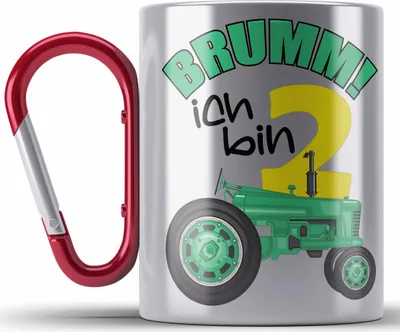 Produktbild von Trendation - 2. Geburtstag Edelstahl Tasse Karabiner Geschenk Becher Zweiter Bday Geschenkidee 2 Jahre Alt Baby Junge Jungs KakaoEdelstahl Tasse Karabiner Traktor (Rot)