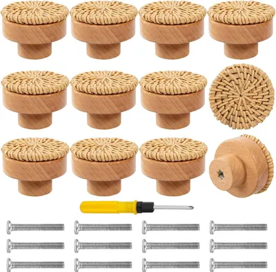 Produktbild von 12 Stück Rattan Möbelknöpfe,Schrankknöpfe Boho Deko,Möbelknöpfe Holz Schubladengriff,Holzknöpfe Schrank,Schrankknöpfe fur Kinderzimmer,Vintage Schubladenschrank Holz Griffe für Möbel