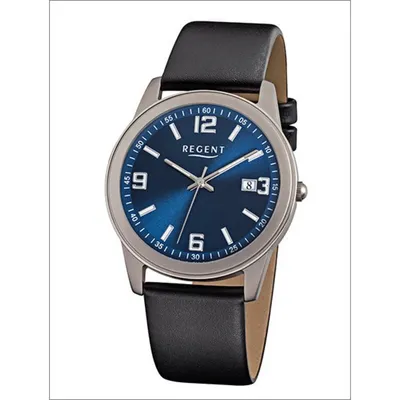 Produktbild von Herren-Uhr Regent mit Leder-Armband schwarz Titan (Metall)-Gehäuse grau silber Quarzwerk D2URF844