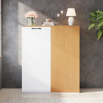 Productafbeelding van Flieks archiefkast met verticale lamellenfront, kast met soft-close scharnieren, opbergkast voor kantoor, woonkamer en eetkamer, wit