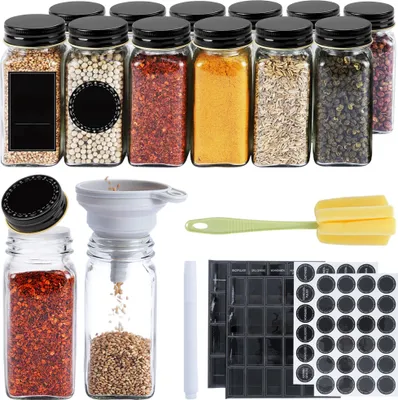 Produktbild von JOIEYOU Haushalt Gewürzgläser Set 12 Stück Gewürzstreuer mit Schwarzes Aluminium Deckel 120ml Gewürzbehälter mit Faltbare Trichter, Aufklebern, Reinigungsbürste & Markierstift Gewürzdosen für Gewürze & Herb