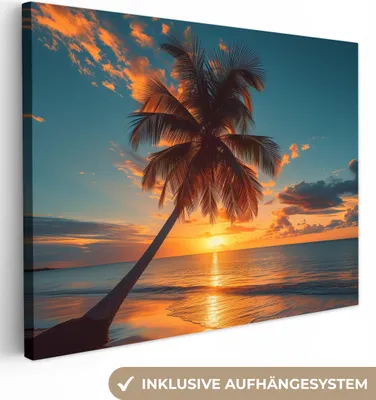 Produktbild von MuchoWow® - Leinwandbilder - Sonnenuntergang - Palme - Meer - Horizont - Strand, Wandbild, Wanddeko Bilder Wohnzimmer, 40x30 cm