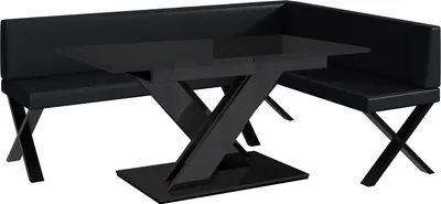 Produktbild von MEBLINI Eckbank für Esszimmer mit ausziehbarem Tisch - Küchenbank - Essecke - Sitzecke Küche - ERIC - X-Beine 142x196x87cm Rechts - Schwarz Kunstleder/B Schwarz Hochgl.