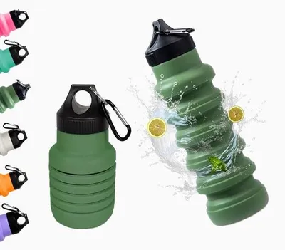 Obrázok produktu pre Ibenzoa® Skladacia fľaša na vodu – 500 ml, 100% silikón vhodný do kontaktu s potravinami, kompaktná, zloží sa na rozmer 7 x 24 cm (výška 14,5 cm), bez BPA, športový uzáver vhodný na outdoorové aktivity a cestovanie