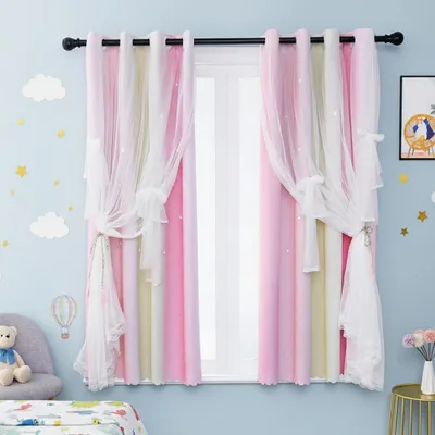 Produktbild von 2 Stück Vorhang Blickdicht Gardinen Stern Doppelschicht Ösenvorhänge mit Voile für Schlafzimmer Wohnzimmer Kinderzimmer, Rosa, B132xH213cm