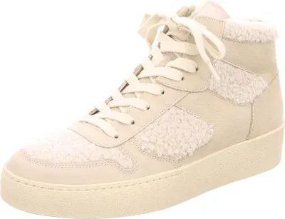 A single beige high-top sneaker with cream laces and sherpa detailing.