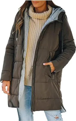 Produktbild von ASKSA Damen Wintermantel Lang Daunenmantel Steppmantel Jacke Einfarbige Winter Warm Reissverschluss Daunenjacke mit Kapuze (Armeegruen,XL)