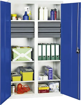Image de Stumpf Armoire à outils et matériel série 3000 gris clair / bleu gentiane + 6 tiroirs 100 mm + cloison centrale + 6 tablettes coulissantes - 3004274