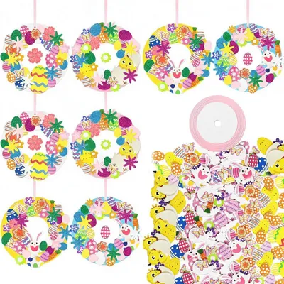 Image de Kit de fabrication de couronnes de Pâques pour enfants, 8 pièces, en mousse, kit de bricolage, 16 cm